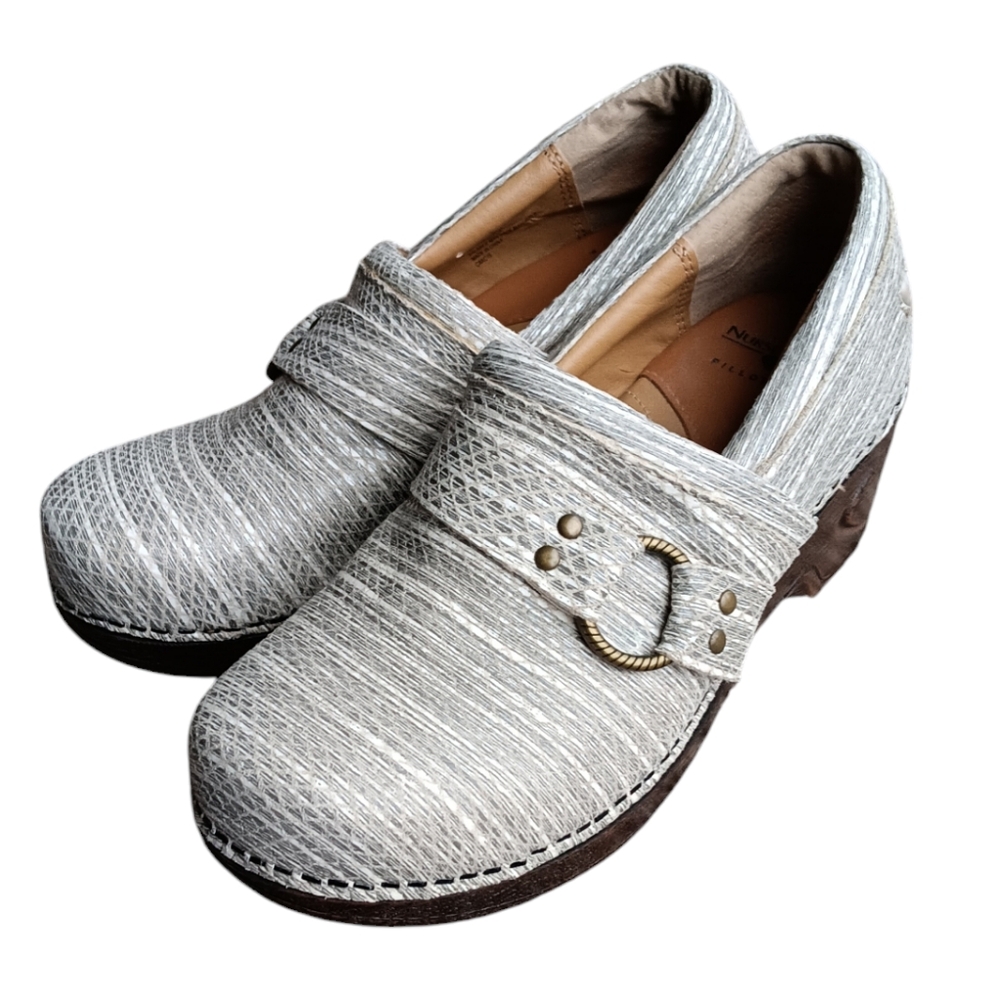 Nurse Mates Gray Mules with Brown Soles